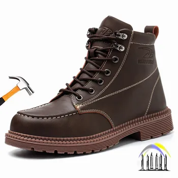 Alta superior do trabalho botas de couro sapatos de trabalho impermeável sapatos de segurança anti punção construção sapatos de homens indestrutível sapatos de trabalho