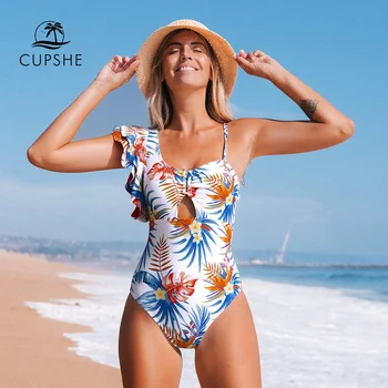 CUPSHE Floral Recorte Um Pedaço de Maiô Mulheres Sexy U-fio Plissado Monokini 2022 Meninas Praia, trajes de Banho, Sunga