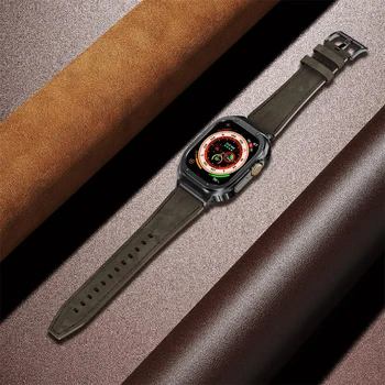 Caixa de Metal+Pulseira de Couro Genuíno Para a Apple Faixa de Relógio de 44mm 45mm 49mm 40mm 41 45 mm pulseira iwatch série se 8 7 6 5 4 ultra