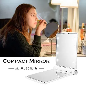 Dobrável Espelho de Maquilhagem Mulheres Portátil Exterior Cosméticos Plástico ABS Dobrável Espelho com 8 LEDs Azul