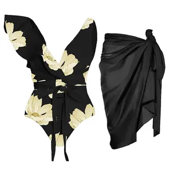 Impressão de flor de Babado de Renda de Até Um Maiô E Cobrir-se de Luxo 2023 Mulheres flexões Irregulares estampa Listrada moda praia