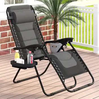 MF Studio Acolchoado Gravidade Zero Cadeira Dobrável Pátio ao ar livre Reclinável com Encosto de cabeça Ajustável e Suporte de Copo, Cinza