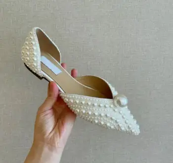 Moraima Snc Moda Dedo Apontado Pérolas Frisado Sapatos Mulheres Recortes De Casamento Sapatos Elegantes Apartamentos Branco