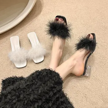 Nova Verão Fofo Peep Toe Sexy Salto Alto Mulheres Sapatos De Pele De Penas Senhora De Moda Deslizamento Em 2023 Ytmtloy Interior Da Casa Chinelos De Quarto