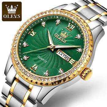 OLEVS Marca Homens Relógios Verde Girando Dial Diamante, Quartzo Relógio Homens Impermeável de Aço Inoxidável do Relógio de Desporto de Negócios Reloj 2023