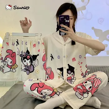 Verão As Mulheres De Manga Curta-Pijama 3 Peças De Conjunto Kawaii Sanrio Kuromi Minha Melodia Menina Anime Casa Casual Wear Fina Roupa De Dormir 2023