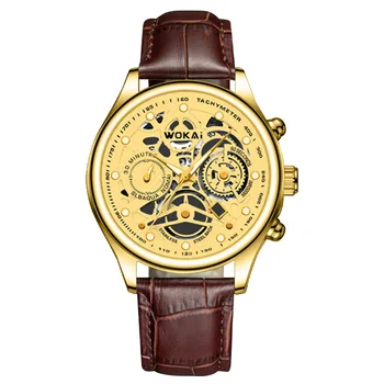 WOKAI de Alta Qualidade da Moda Casual Ouro Amarelo Homens Cinto de Couro Relógio de Quartzo de Homens de Negócios do Esporte Relógio Digital Retro