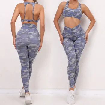 ZEEHOOH Yoga Conjunto de 2 peças de Mulheres Sportswear Impressão de Camuflagem de Roupas de ginástica Mulheres Desporto Naipe de Cintura Alta Hip Elevador de Ginástica Legging