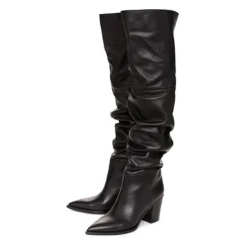 marca de moda design dobrável outono inverno quente botas de mulheres sobre o joelho botas altas de couro preto feminina de sapatos de salto alto plus size